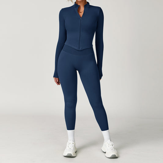 2-teiliges Damen Yoga-Sport-Set – Gym-Trainingsanzug mit langärmeligem Sportshirt & nahtlosen Leggings für Laufen & Workout