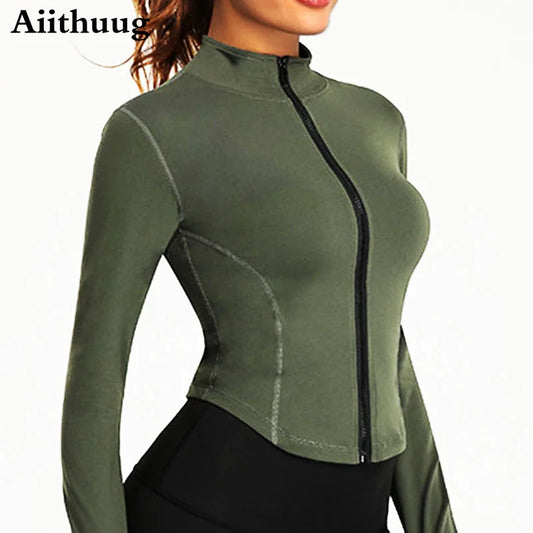 Aiithuug Damen Zip-Up Crop Jacke – Langarm mit Daumenlöchern