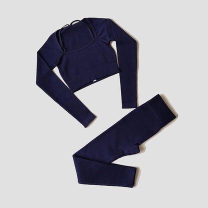 Damen Yoga- & Fitness-Set – Langarm Crop Top, One-Shoulder Sport-BH & High-Waist Seamless Leggings, Sportanzug für Gym & Workout