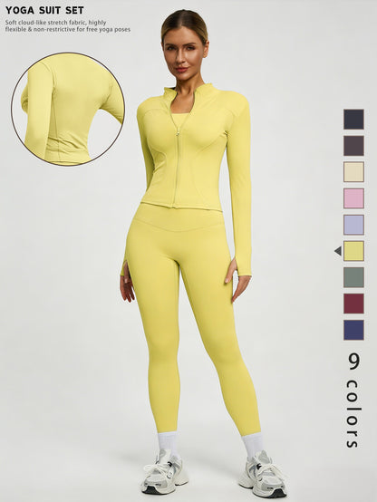 Fitfemme 2-teiliges Damen Frühling Yoga- & Fitness-Set – High-Waist Leggings & Sportjacke für Running, Lifting & Outdoor