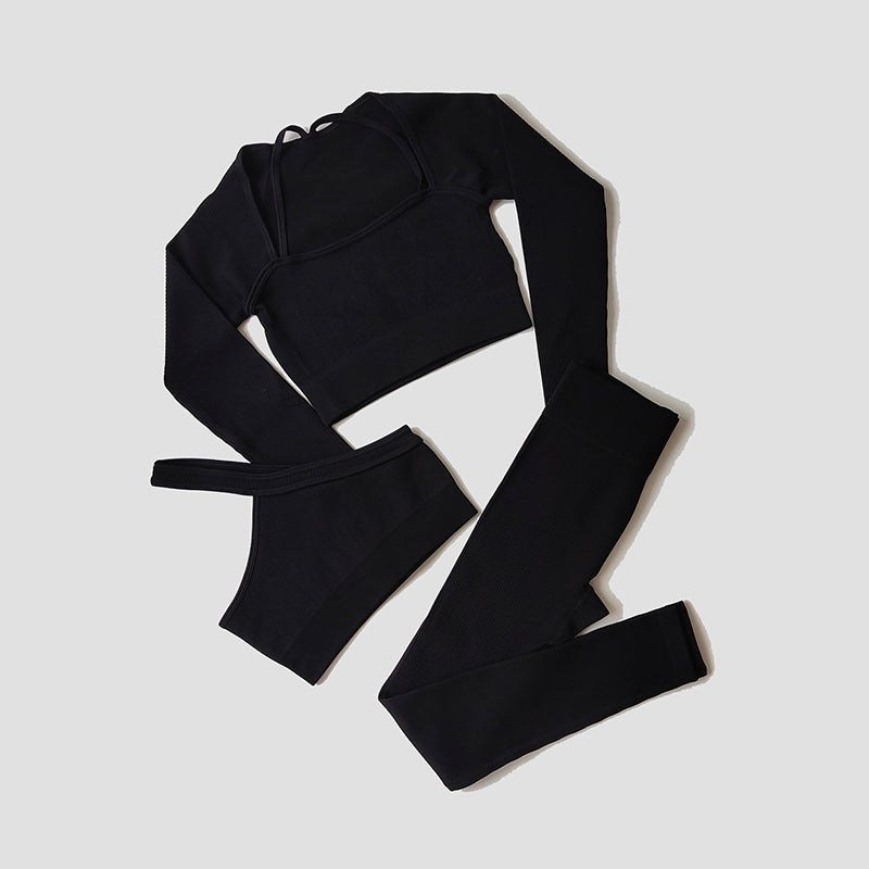 Damen Yoga- & Fitness-Set – Langarm Crop Top, One-Shoulder Sport-BH & High-Waist Seamless Leggings, Sportanzug für Gym & Workout