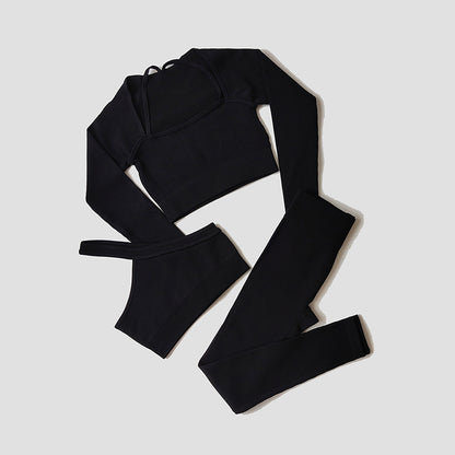 Damen Yoga- & Fitness-Set – Langarm Crop Top, One-Shoulder Sport-BH & High-Waist Seamless Leggings, Sportanzug für Gym & Workout