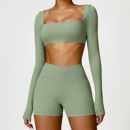 Damen Sportset 2-teilig – Yoga Fitness Leggings & Langarm Crop-Top