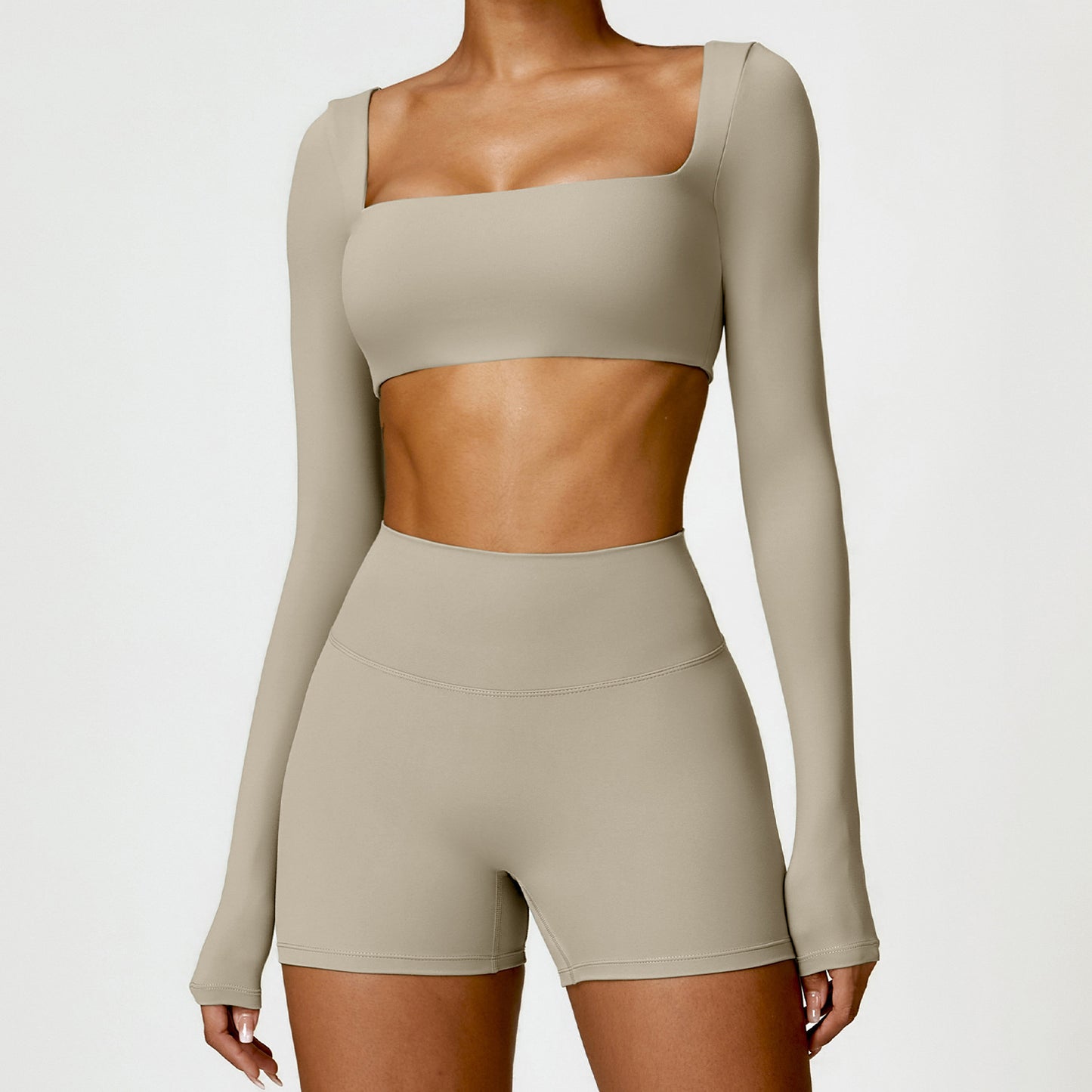 Damen Sportset 2-teilig – Yoga Fitness Leggings & Langarm Crop-Top