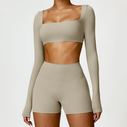 Damen Sportset 2-teilig – Yoga Fitness Leggings & Langarm Crop-Top