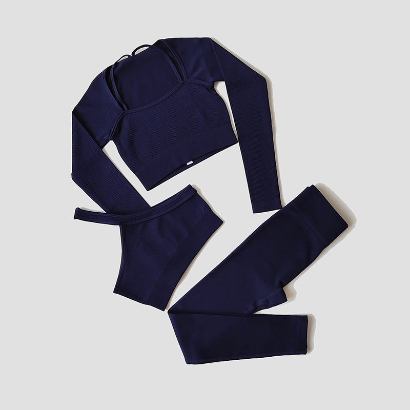 Damen Yoga- & Fitness-Set – Langarm Crop Top, One-Shoulder Sport-BH & High-Waist Seamless Leggings, Sportanzug für Gym & Workout