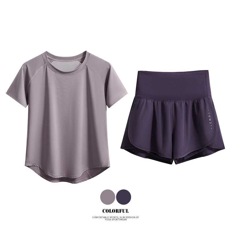 DRUR Damen 2er Yoga Set – Sommer Sport Outfit mit Kurzarm-Top & Running Shorts