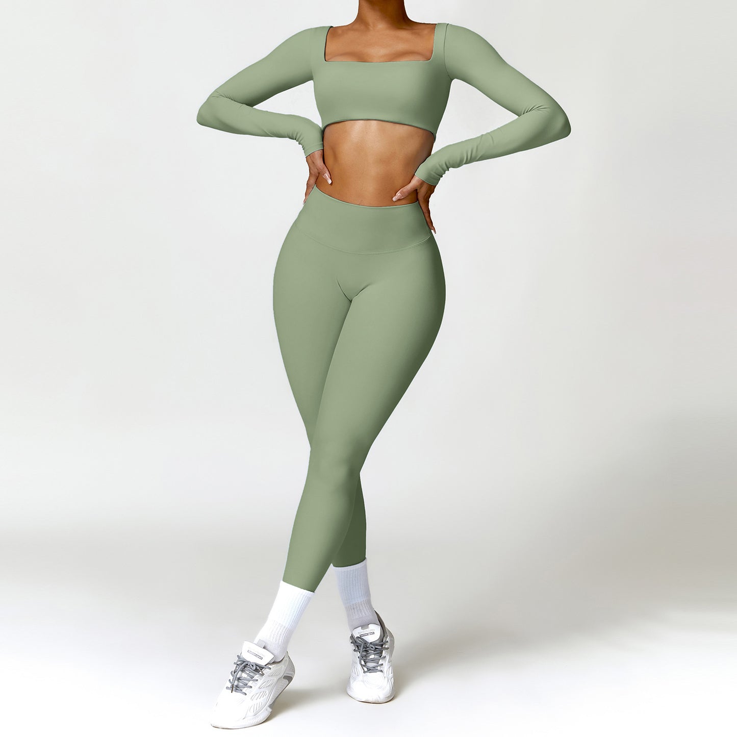 Damen Sportset 2-teilig – Yoga Fitness Leggings & Langarm Crop-Top