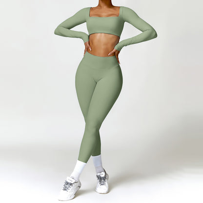 Damen Sportset 2-teilig – Yoga Fitness Leggings & Langarm Crop-Top