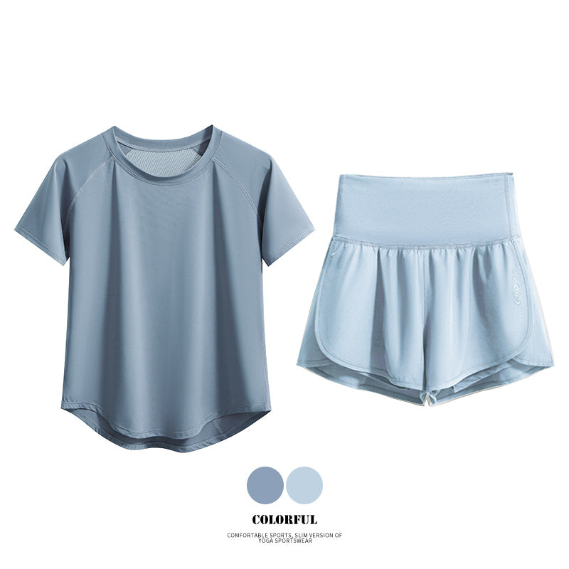 DRUR Damen 2er Yoga Set – Sommer Sport Outfit mit Kurzarm-Top & Running Shorts