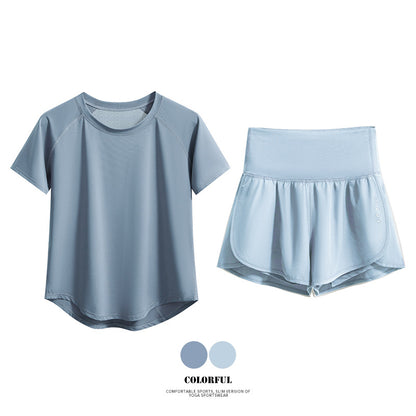 DRUR Damen 2er Yoga Set – Sommer Sport Outfit mit Kurzarm-Top & Running Shorts