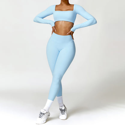 Damen Sportset 2-teilig – Yoga Fitness Leggings & Langarm Crop-Top