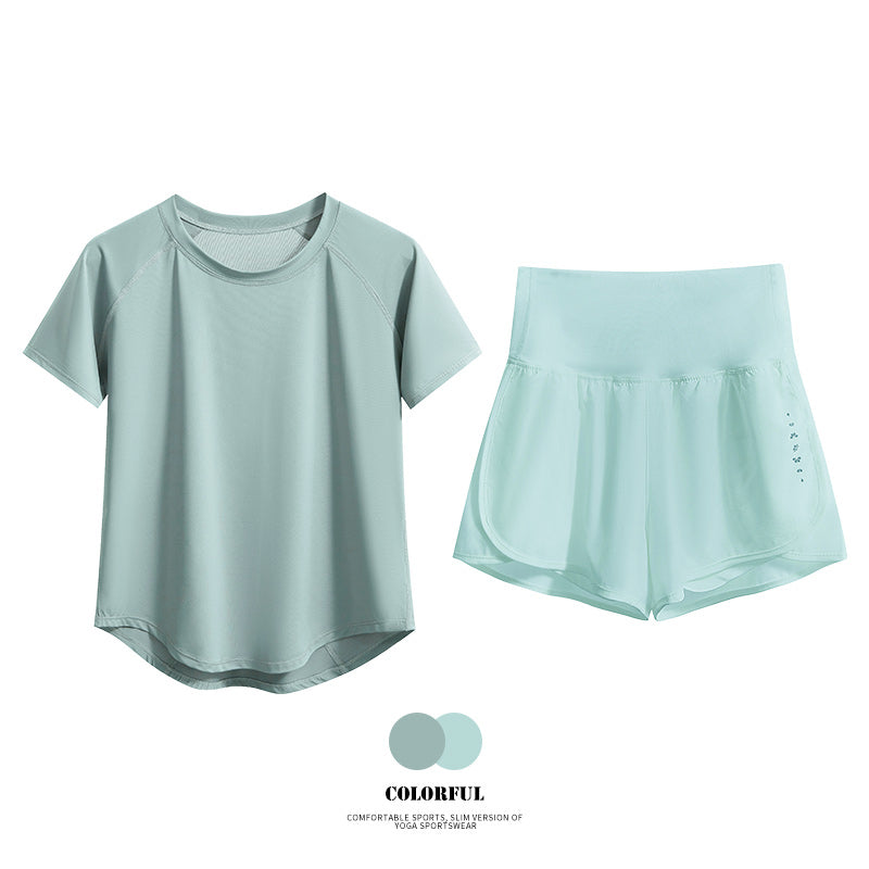 DRUR Damen 2er Yoga Set – Sommer Sport Outfit mit Kurzarm-Top & Running Shorts