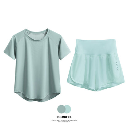 DRUR Damen 2er Yoga Set – Sommer Sport Outfit mit Kurzarm-Top & Running Shorts