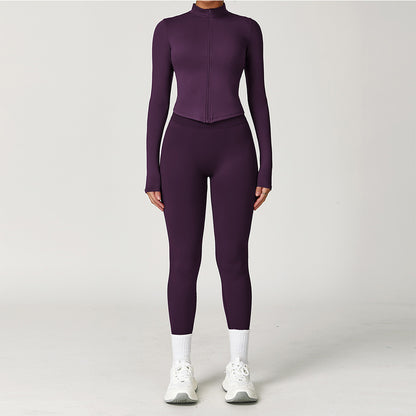 2-teiliges Damen Yoga-Sport-Set – Gym-Trainingsanzug mit langärmeligem Sportshirt & nahtlosen Leggings für Laufen & Workout
