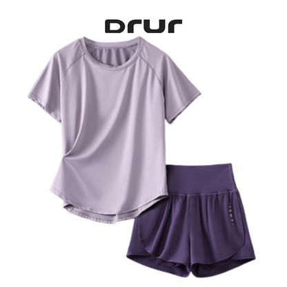 DRUR Damen 2er Yoga Set – Sommer Sport Outfit mit Kurzarm-Top & Running Shorts