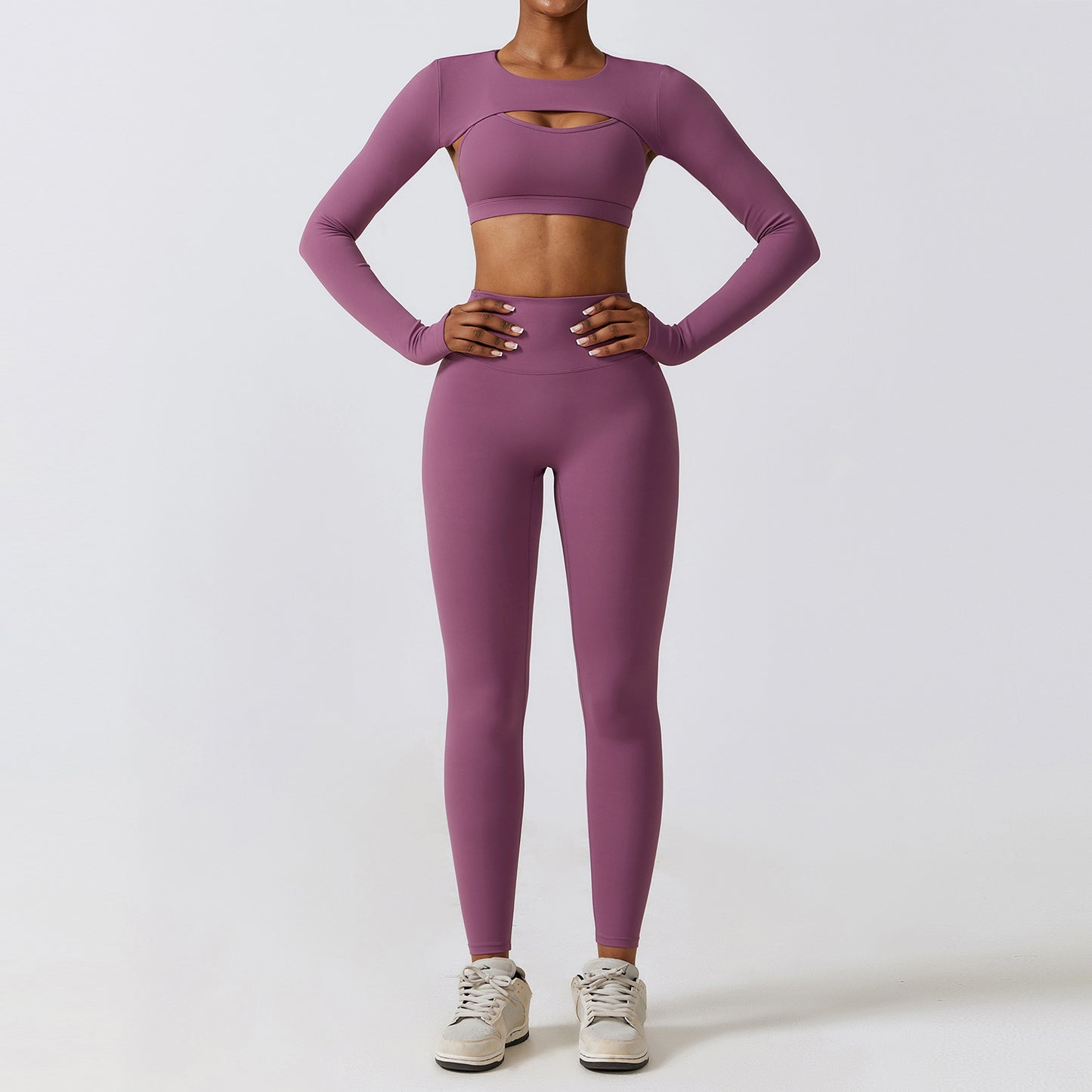 Damen Yoga- & Fitness-Set (2-/3-teig) – Sportleggings, Fitness-BH, Crop Top & Langarm Yoga-Anzug für Fitnessstudio & Workout