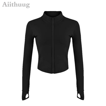 Aiithuug Damen Zip-Up Crop Jacke – Langarm mit Daumenlöchern