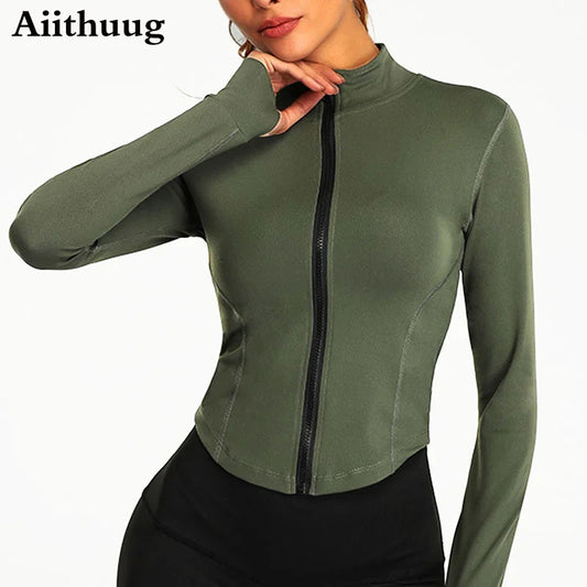 Aiithuug Damen Zip-Up Crop Jacke – Langarm mit Daumenlöchern