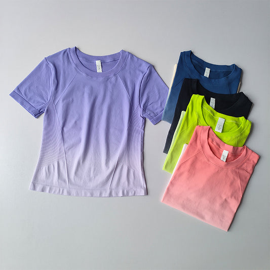 Damen Seamless Crop Top Kurzarm – Fitness & Yoga Sport T-Shirt mit Farbverlauf für Training & Running
