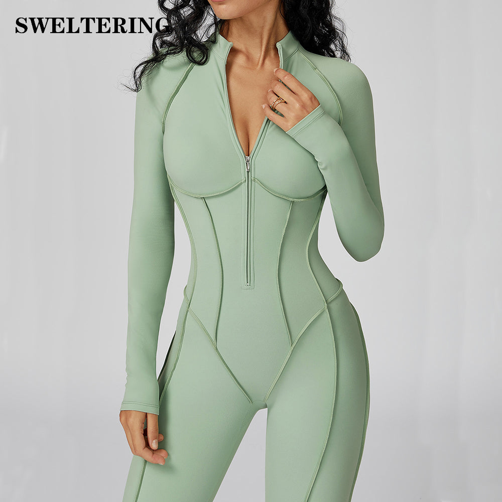Sexy Damen Sport-Jumpsuit mit Reißverschluss, langärmelig – Fitness-Body für Fitnessstudio, Laufen & Workout