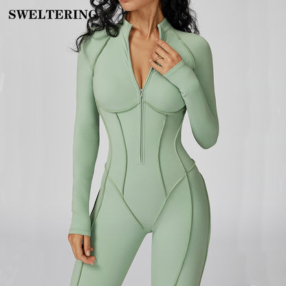 Sexy Damen Sport-Jumpsuit mit Reißverschluss, langärmelig – Fitness-Body für Fitnessstudio, Laufen & Workout