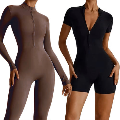 Sommer Damen Sport-Jumpsuit mit Reißverschluss – Kurzer Fitness-Overall für Fitnessstudio, Laufen und Yoga