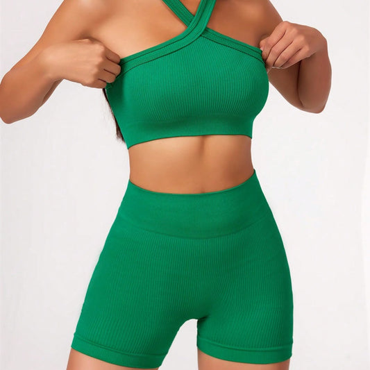 2-teiliges Damen Yoga-Set – Naked Feel Gym Outfit mit High-Waist Shorts & Strappy Sport-BH, Sommer Fitness-Set für Workout