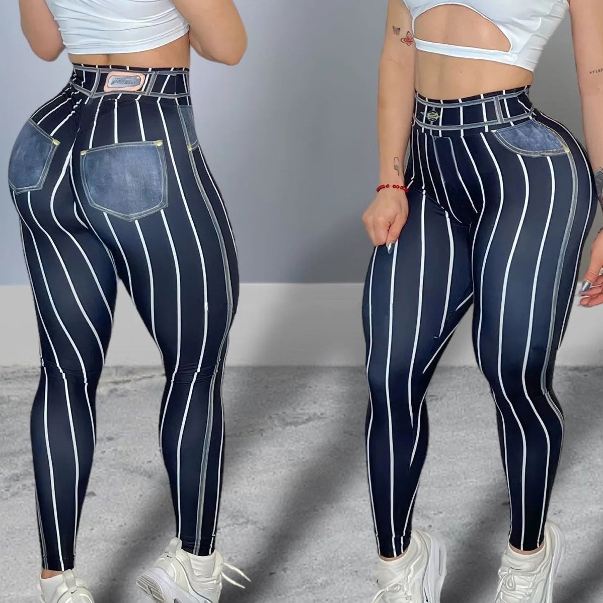 Damen High-Waist Sportleggings – Push-Up mit Streifen-Print für Fitness & Workout