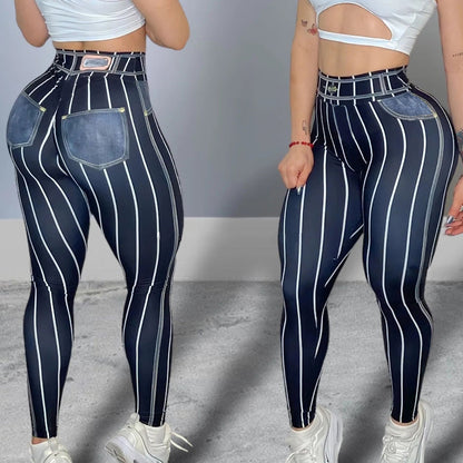 Damen High-Waist Sportleggings – Push-Up mit Streifen-Print für Fitness & Workout