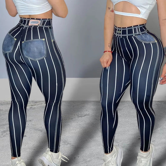 Damen High-Waist Sportleggings – Push-Up mit Streifen-Print für Fitness & Workout