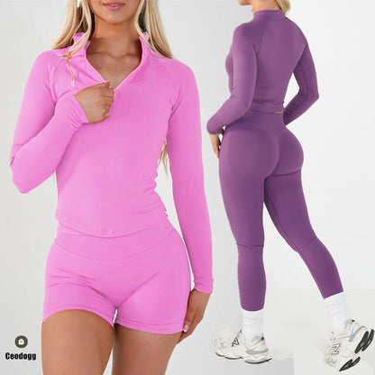 Damen Yoga- & Workout-Set mit Half-Zipper – Langarm-Sportanzug mit Sport-BH für Fitnessstudio, Laufen & Training (XP389)
