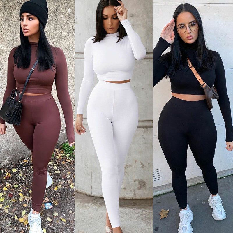 2-teiliges Damen Herbst-Sportset – Einfarbiges Crop Top & High-Waist Leggings, Elastisches Freizeit- & Trainingsoutfit