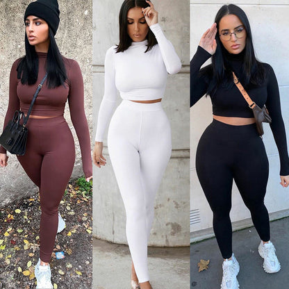 2-teiliges Damen Herbst-Sportset – Einfarbiges Crop Top & High-Waist Leggings, Elastisches Freizeit- & Trainingsoutfit