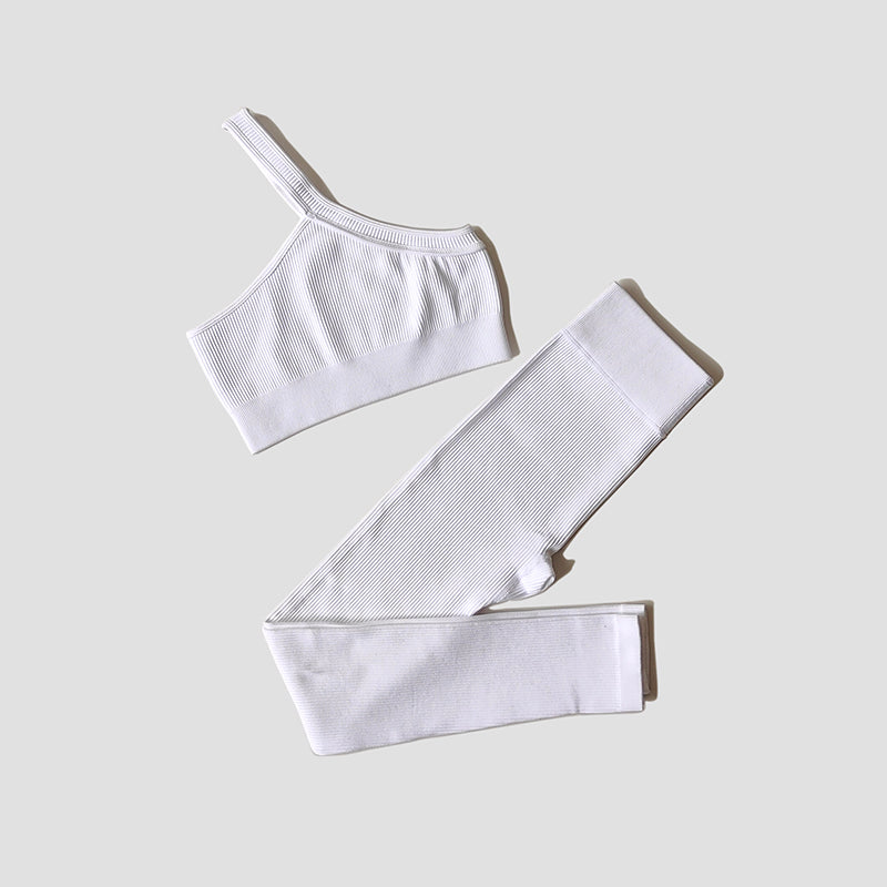 Damen Yoga- & Fitness-Set – Langarm Crop Top, One-Shoulder Sport-BH & High-Waist Seamless Leggings, Sportanzug für Gym & Workout