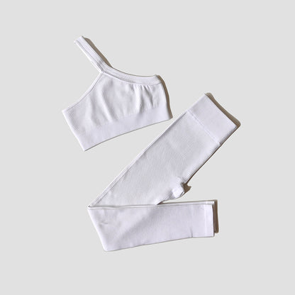 Damen Yoga- & Fitness-Set – Langarm Crop Top, One-Shoulder Sport-BH & High-Waist Seamless Leggings, Sportanzug für Gym & Workout