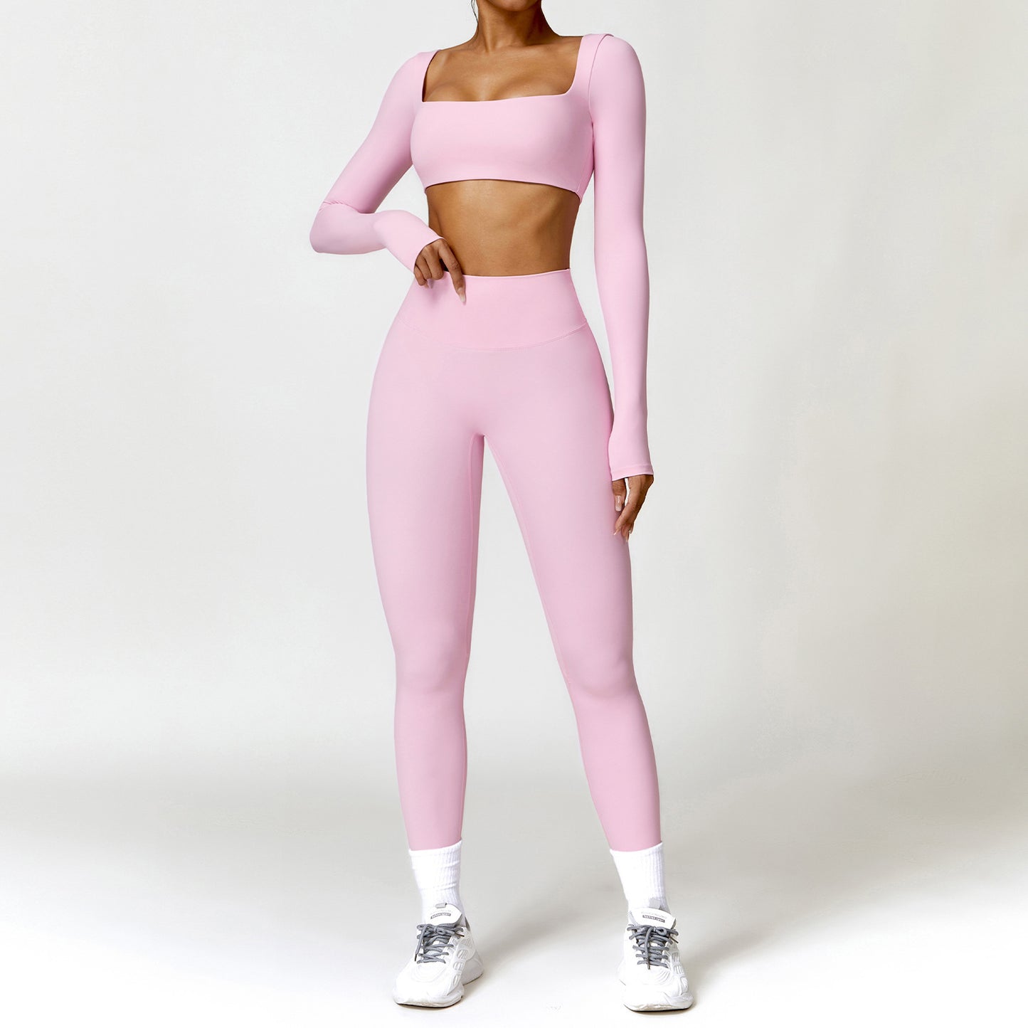 Damen Sportset 2-teilig – Yoga Fitness Leggings & Langarm Crop-Top
