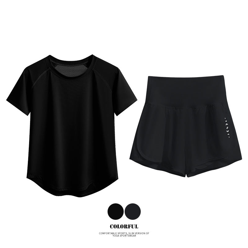 DRUR Damen 2er Yoga Set – Sommer Sport Outfit mit Kurzarm-Top & Running Shorts