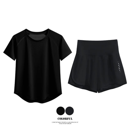 DRUR Damen 2er Yoga Set – Sommer Sport Outfit mit Kurzarm-Top & Running Shorts