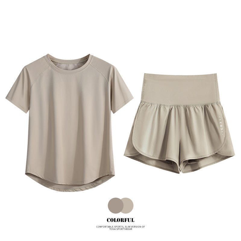 DRUR Damen 2er Yoga Set – Sommer Sport Outfit mit Kurzarm-Top & Running Shorts