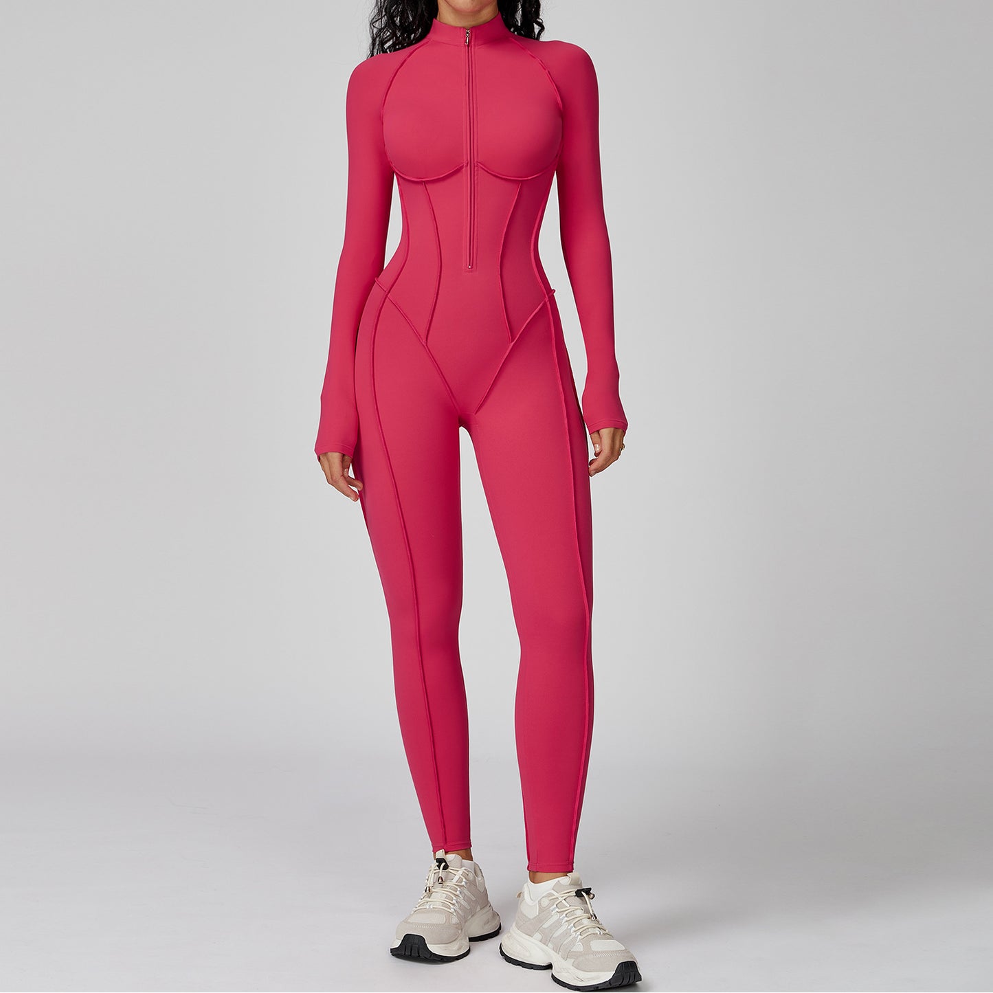 Sexy Damen Sport-Jumpsuit mit Reißverschluss, langärmelig – Fitness-Body für Fitnessstudio, Laufen & Workout