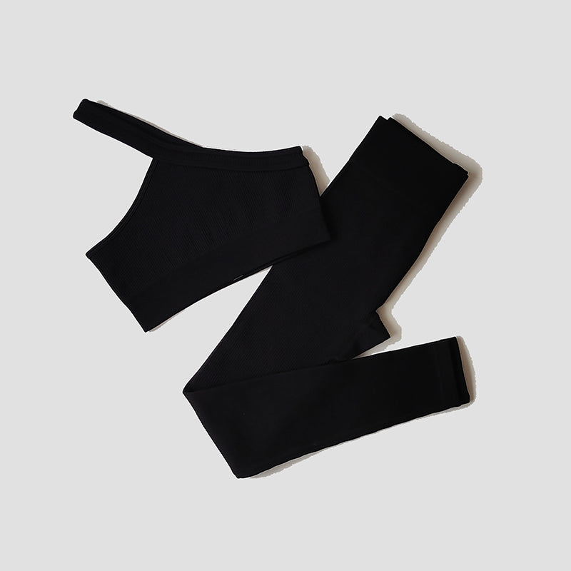 Damen Yoga- & Fitness-Set – Langarm Crop Top, One-Shoulder Sport-BH & High-Waist Seamless Leggings, Sportanzug für Gym & Workout