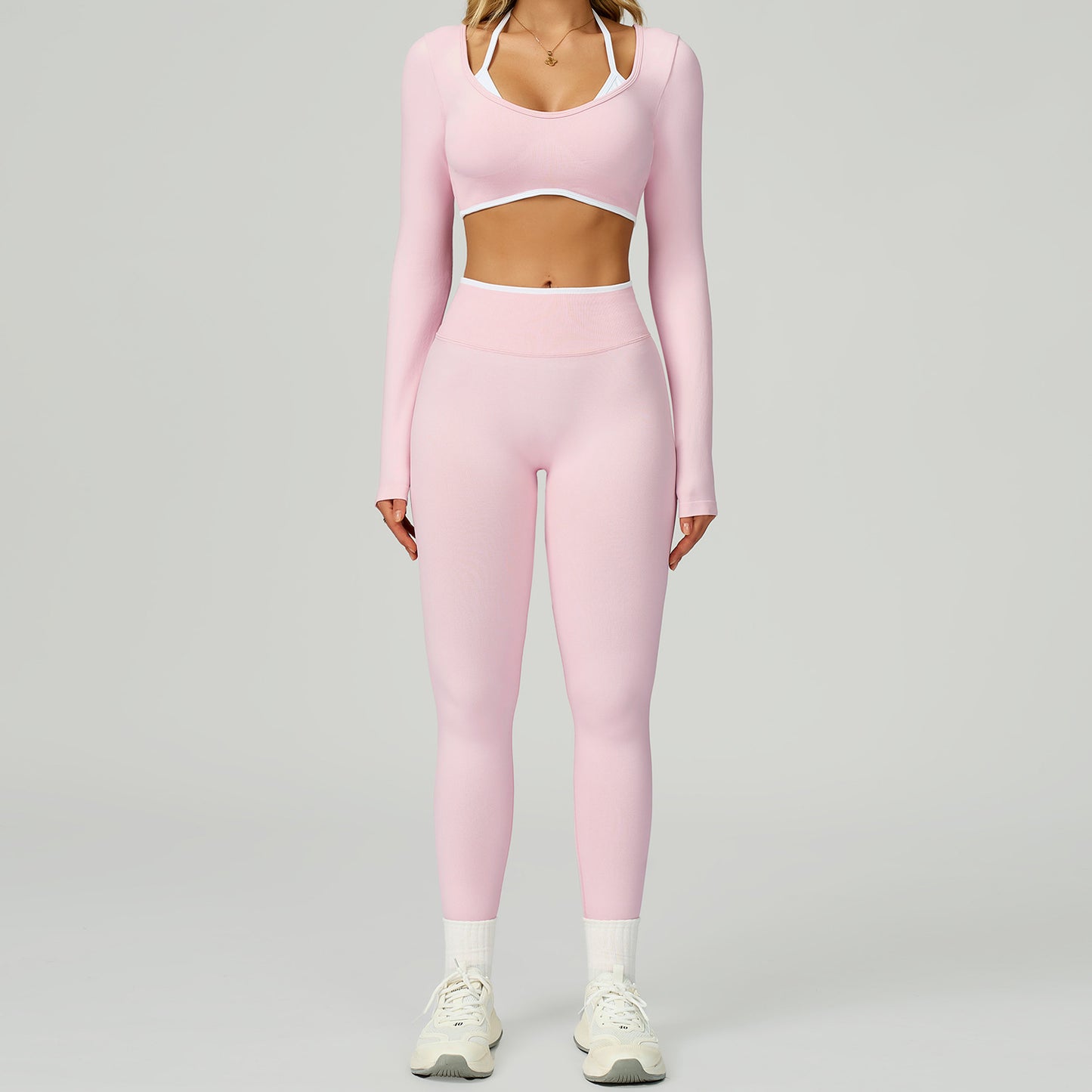 Nahtloses Damen Yoga Set (2-teilig) – Fitness Leggings & Langarm Sport-BH, Sportbekleidung für Gym & Workout