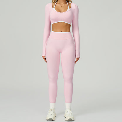 Nahtloses Damen Yoga Set (2-teilig) – Fitness Leggings & Langarm Sport-BH, Sportbekleidung für Gym & Workout