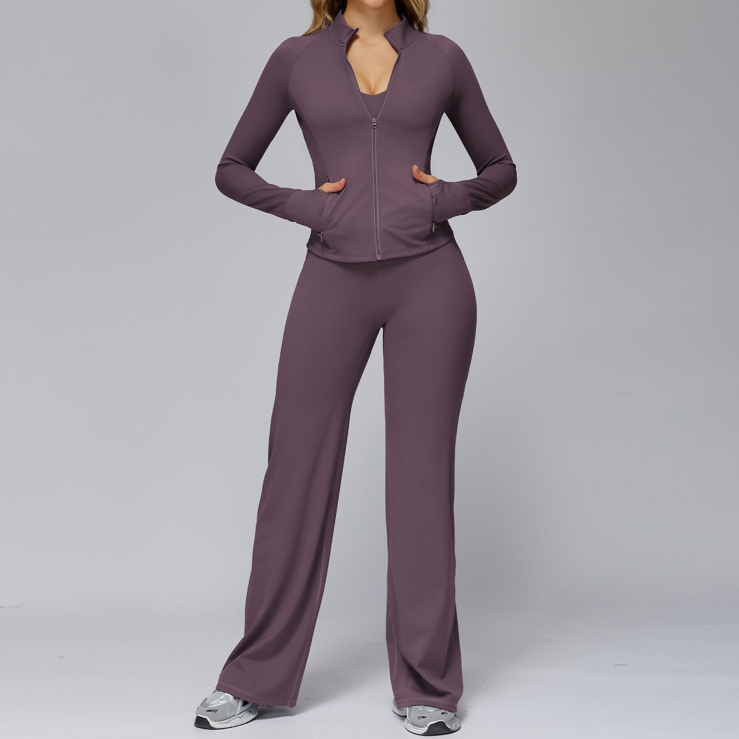 Damen Yoga Set 2–3-teilig – Fitness Sportbekleidung mit Langarm-Shirt, Sport-BH & Leggings, Gym & Training, High Performance