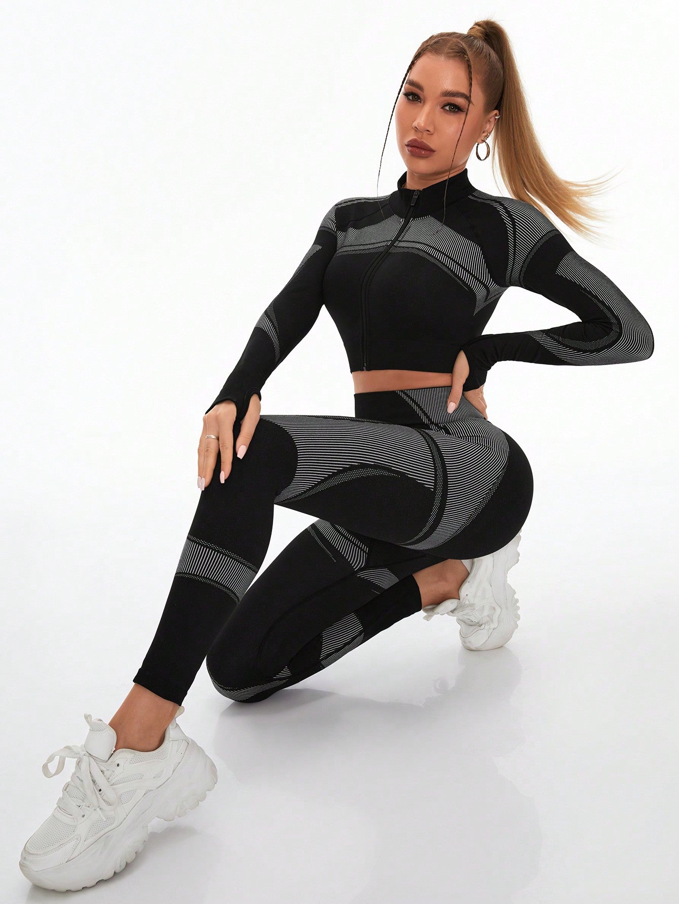 Nahtloses Damen-Yoga- und Fitness-Set – Leggings mit hohem Bund und Bauchkontrolle & Langarmshirt für Sport und Outdoor