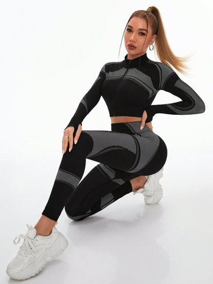 Nahtloses Damen-Yoga- und Fitness-Set – Leggings mit hohem Bund und Bauchkontrolle & Langarmshirt für Sport und Outdoor