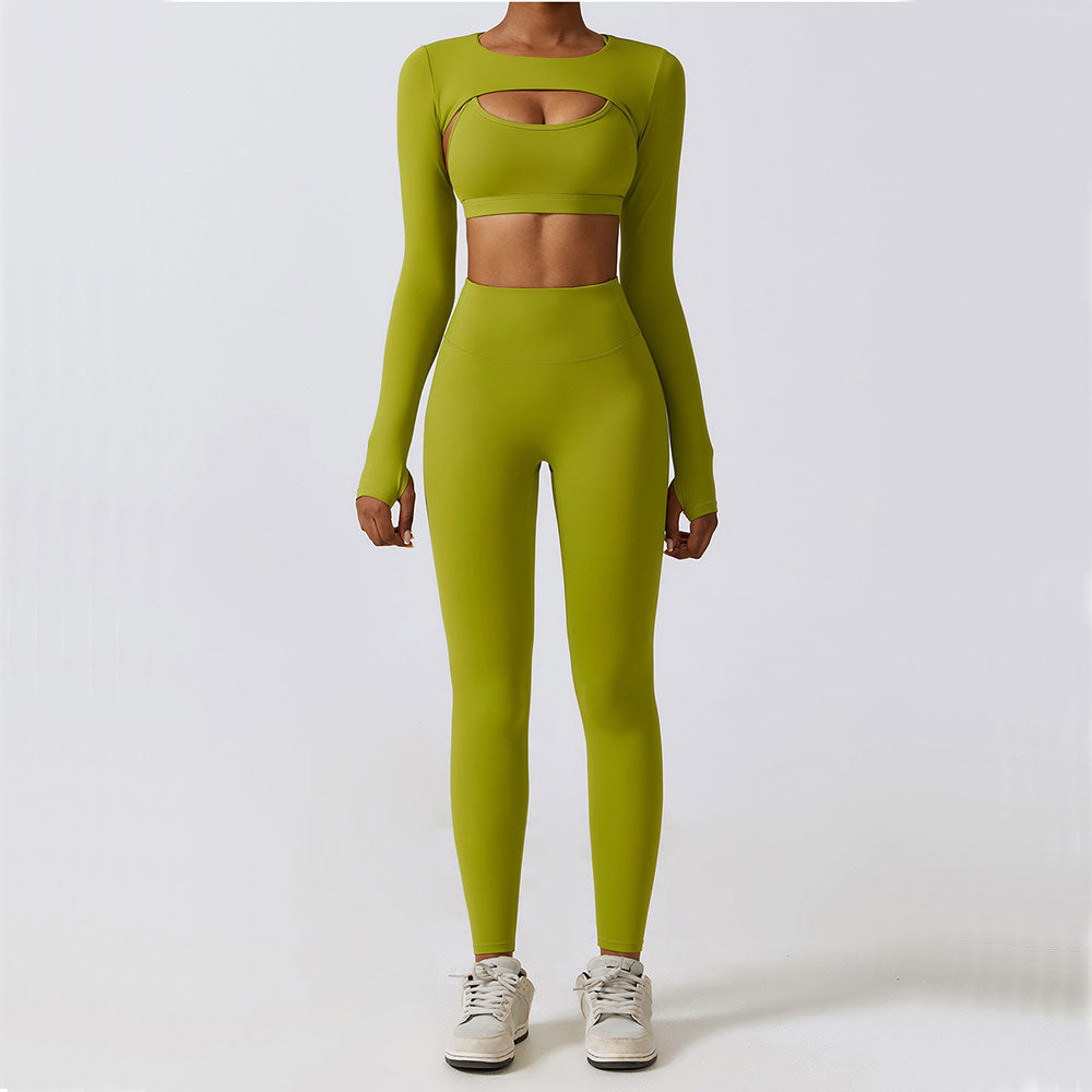 Damen Yoga- & Fitness-Set (2-/3-teig) – Sportleggings, Fitness-BH, Crop Top & Langarm Yoga-Anzug für Fitnessstudio & Workout
