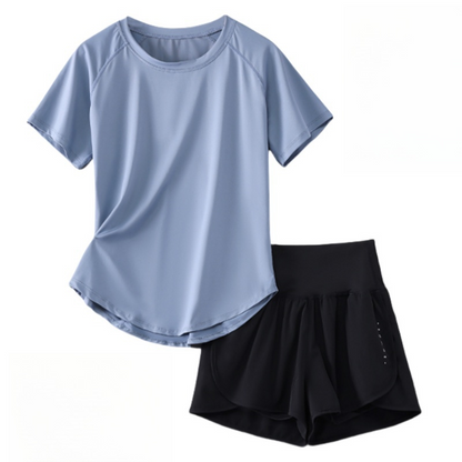 DRUR Damen 2er Yoga Set – Sommer Sport Outfit mit Kurzarm-Top & Running Shorts