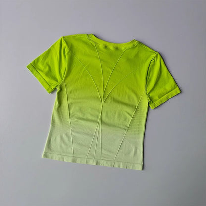Damen Seamless Crop Top Kurzarm – Fitness & Yoga Sport T-Shirt mit Farbverlauf für Training & Running